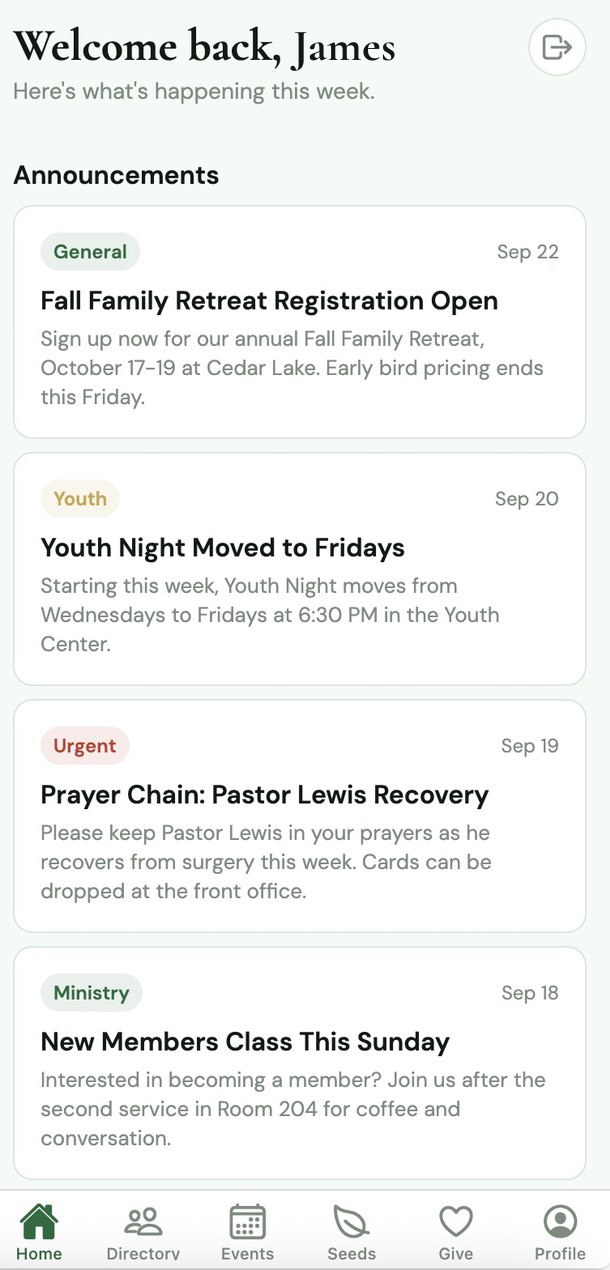 SeedsOne home screen with announcements