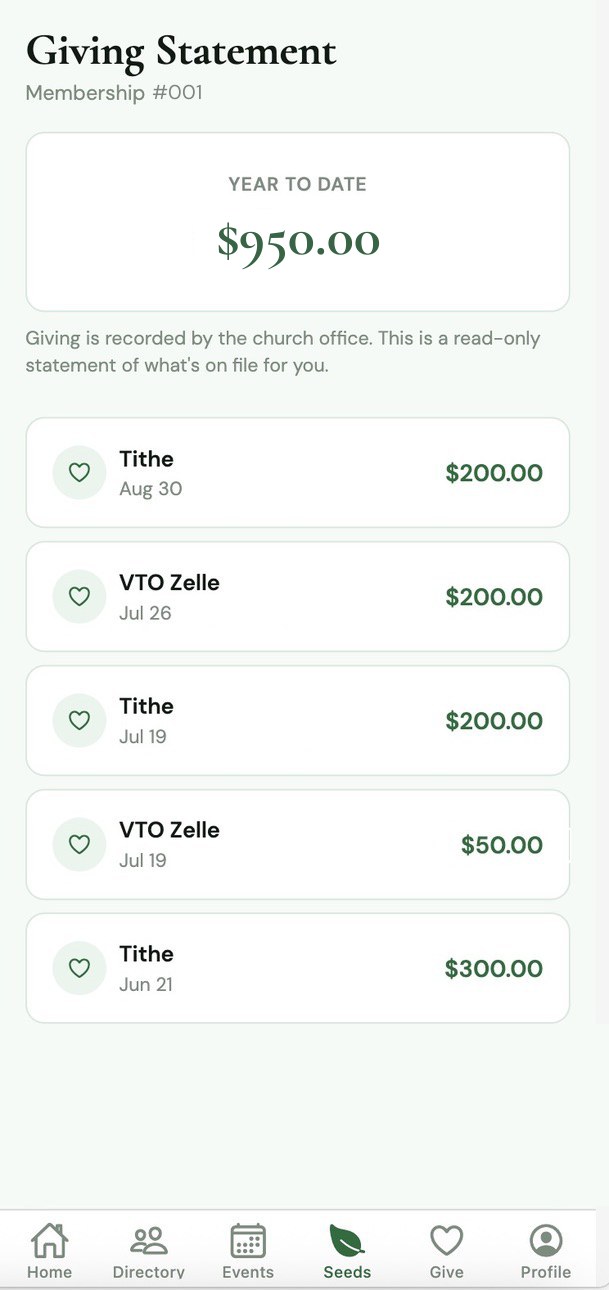 SeedsOne giving statement showing year-to-date giving